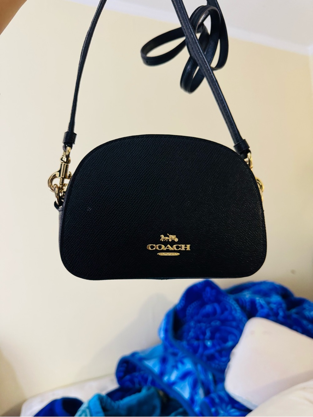 COACH Mini Serena Crossbody Black Leather Crossbody Bag with Gold Logo